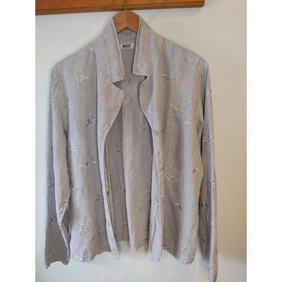 Haven 100% Linen Embroidered Button Down Shirt Taupe Beige Size Large Floral - Picture 2 of 10